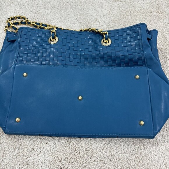 Joan Rivers Slouchy Teal Faux Leather Woven Tote Shoulder Bag Gold Chain Strap L - Picture 7 of 16